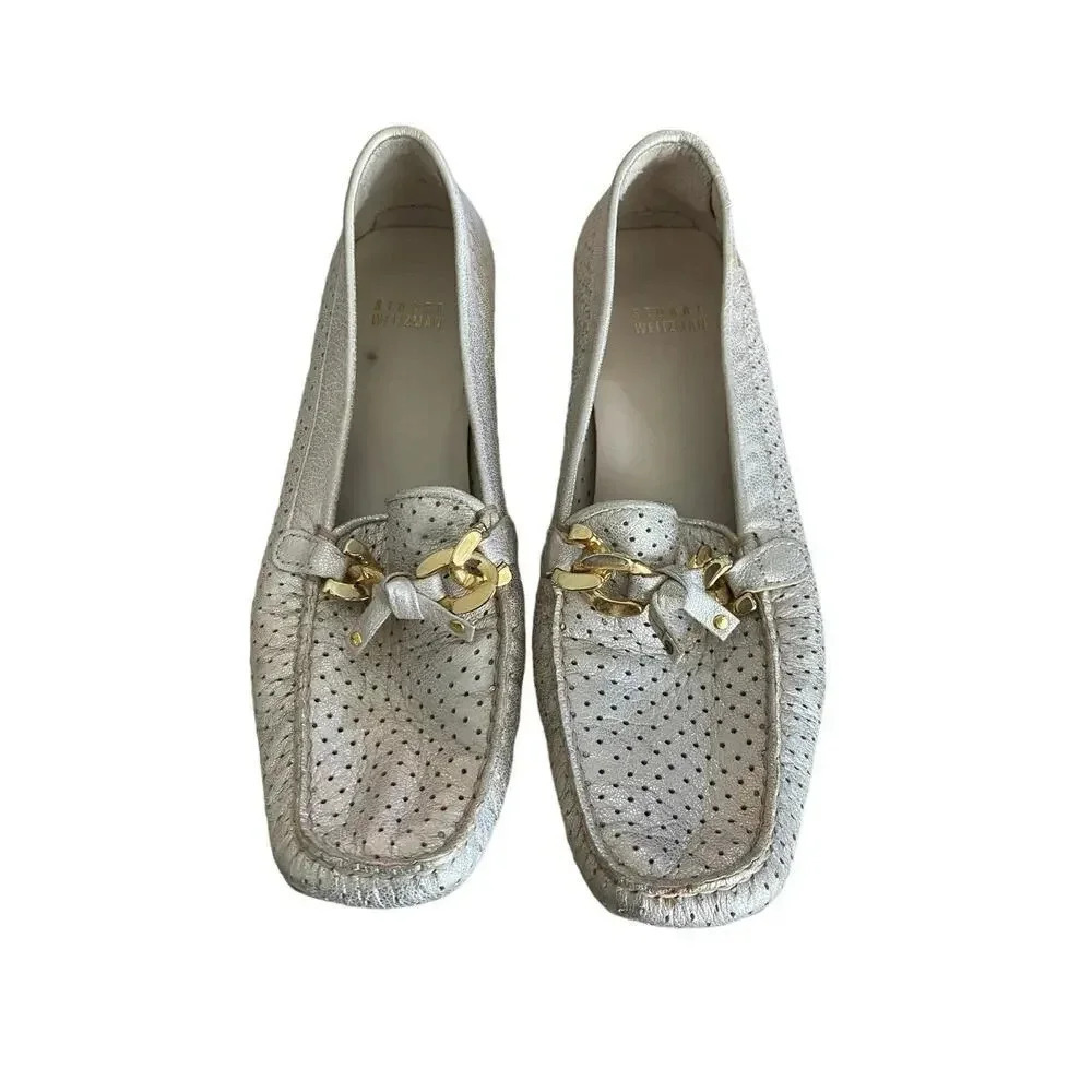 Stuart Weitzman Women's Gold Driving Narrow Width Loafer Shoes Size 7.5
